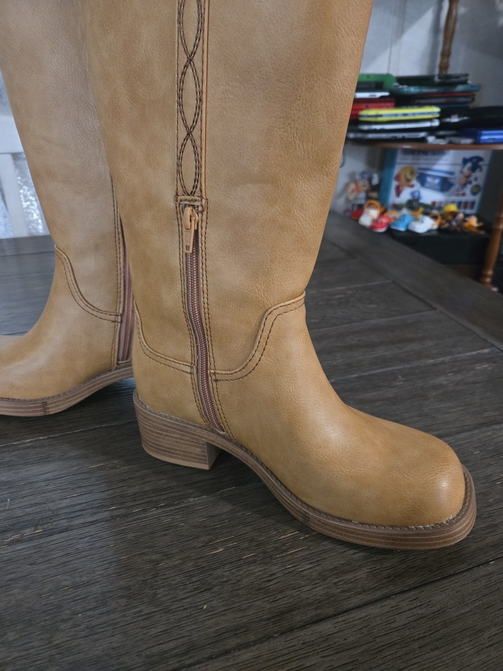 Knee-High Tan Block Heel Riding Boots - Picture 10 of 14